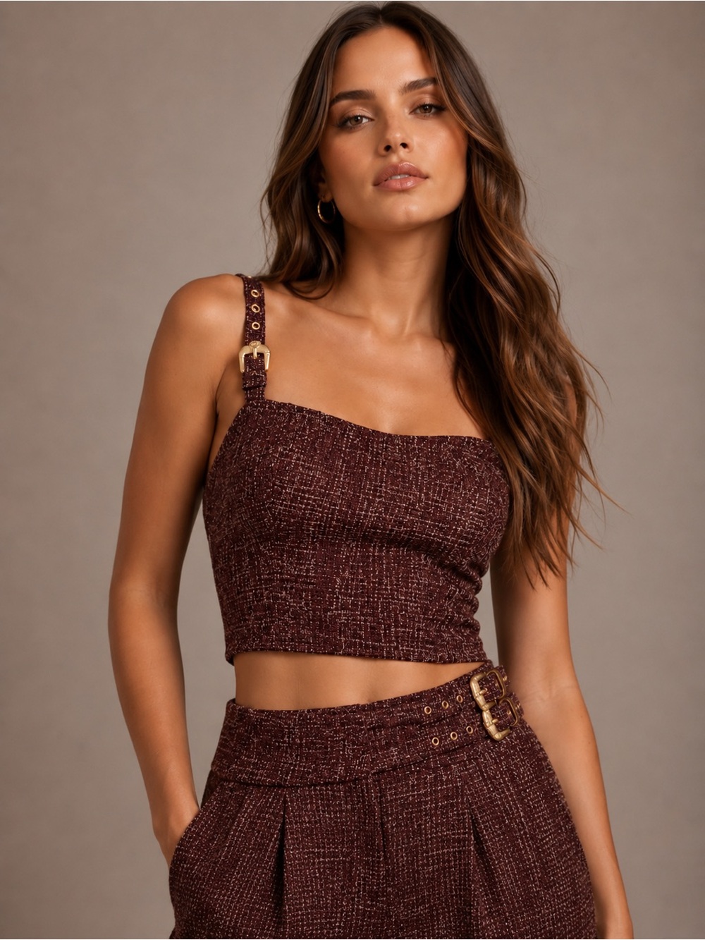 NWT Tweed Adjustable Buckle Strap Cropped Top - Burgundy